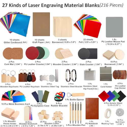 216Pcs Laser Engraving Material Kit, 27 Kinds Blanks for DIY Crafts Includes Wood, Acrylic, Metal, Fabric, Rock, PU Leather,Diatom Mud Blanks Material Fecuheko