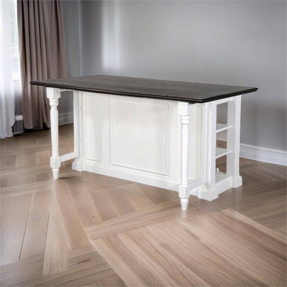 Pemberly Row 71.5" x 38" Farmhouse Wood Kitchen Island with Adjustable Shelves, Ample Storage Space, in White & Dark Brown Finish Pemberly Row