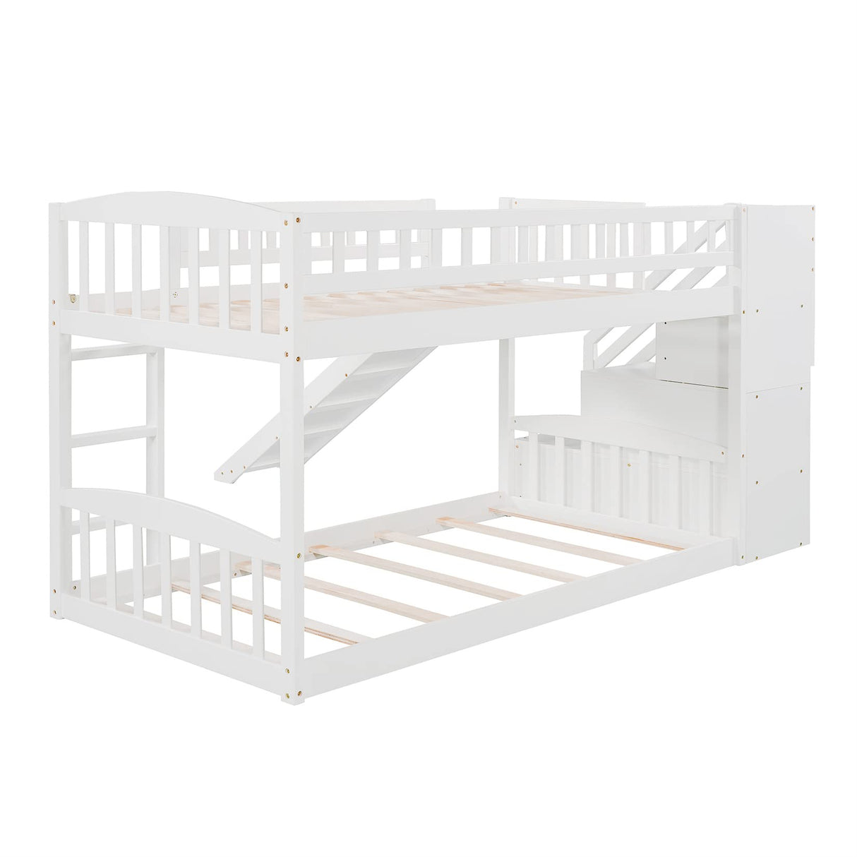 Bunk Beds with Slide Twin Over Twin Low Bunk Bed Frame with Storage Drawers Stairway Wood Bunk Bed for Kids Boys Girls, White Bellemave