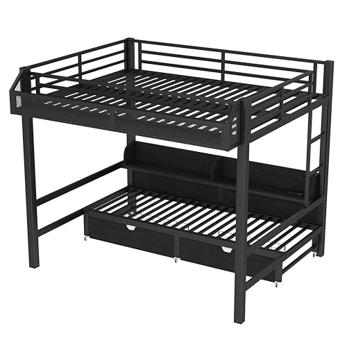 Harper & Bright Designs Queen Size Bunk Bed with Drawers and Storage Shelves, Can be Converted into Sofa, Metal Bunk Bed Frame with USB Ports and LED Lights (Black/Queen) Harper & Bright Designs