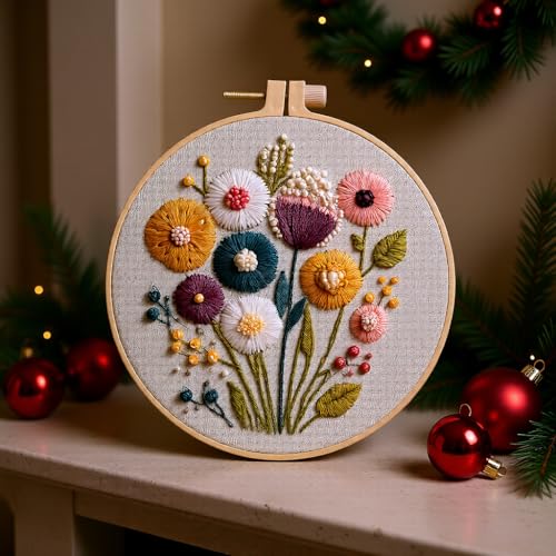 JJFox Embroidery Kit for Beginners and Adults, DIY Hand Embroidery Starter Kit with Cute Pattern, Cross Stitch Needlepoint Set with Hoop, Threads and Instructions (Flower)