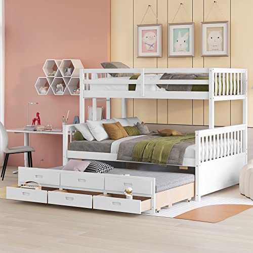 Harper & Bright Designs Twin Over Full Bunk Bed with Trundle, Solid Wood Bunk Bed Frame with Storage Drawers, for Kids Teens Adults (White) Harper & Bright Designs
