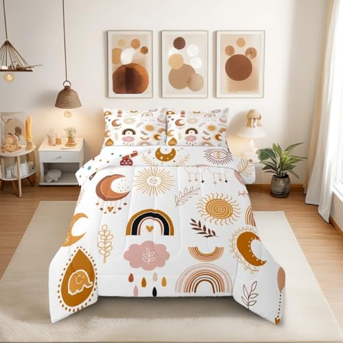 Boho Rainbow Bedding Set For Girls Twin,Cute Bohemian Eyes Moon Sun Comforter Set Kawaii Cloud Dream Catcher Bedding Comforter Sets For Kids Nursery Cartoon Hand Drawn Doodle Quilt Set 1 Pillowcase Erosebridal
