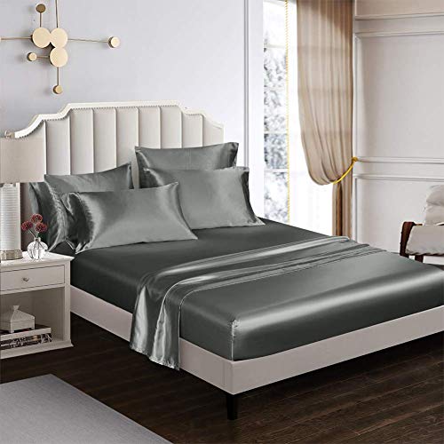 AiMay 6 Piece Satin Bedding Sheet Set King Grey Deep Pocket 1800 Series Luxury Rich Silk Silky Super Soft Solid Color 4 Pillowcases Reversible Sexy Honeymoon Wrinkle Free (King,Grey) AiMay