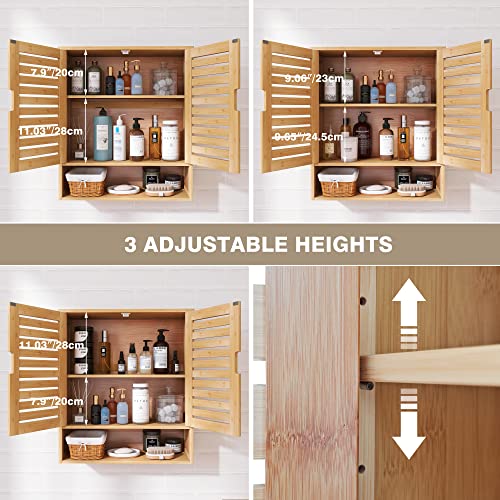 SMIBUY Bathroom Cabinet Wall Mounted, Bamboo Over-The-Toilet Storage Organizer, Space Saver Medicine Cabinet with 2 Door and Adjustable Shelves SMIBUY