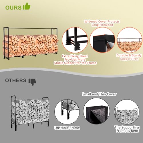 LOENIY 8ft Firewood Rack Outdoor with Waterproof Widened Cover, Heavy Duty Firewood Holder includes 2 Lateral Rods, Powder-coated Wood Rack with LOENIY