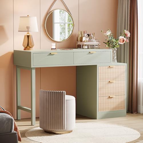 Tribesigns Makeup Vanity Desk with 5 Drawers, Modern Small Dressing Desk with Storage, Wood Make Up Table for Bedroom, Narrow Space (Without Mirror), Mint Green Tribesigns