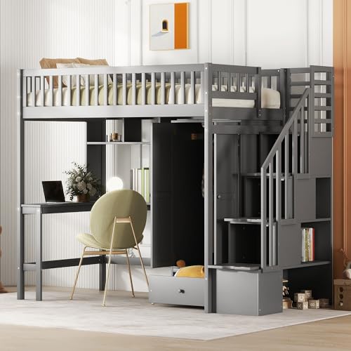 Twin Loft Bed with Storage, Desk, and Wardrobe by Harper & Bright Designs - Grey Solid Wood Frame Harper & Bright Designs