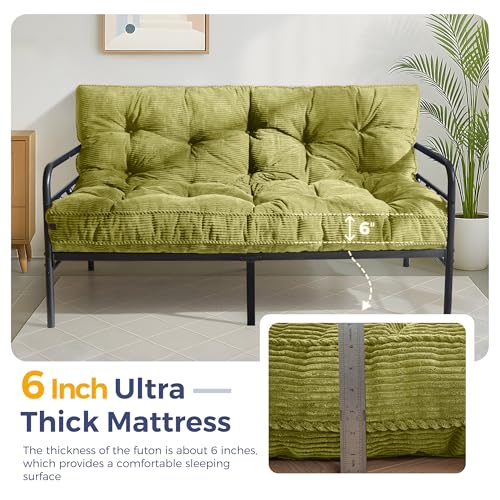 MAXYOYO 6" Futon Mattress Full Size, Tufted Futons Sofa Couch Bed with Twisted Rope Design Edging, Thick Corded Fabric Floor Mattress for Adults, Shredded Foam Filling (Frame Not Included), Green MAXYOYO
