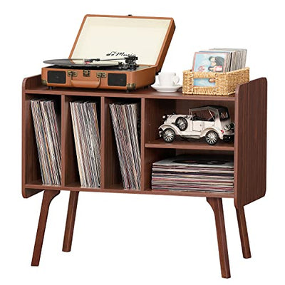 Lerliuo Record Player Stand with 4 Cabinet Holds Up to 220 Albums, Large Turntable Stand with Beech Wood Legs, Mid-Century Record Player Table,Walnut Vinyl Holder Storage Shelf for Bedroom Living Room