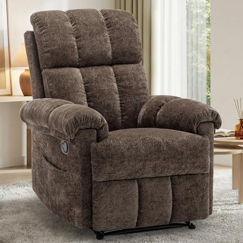 Korser Recliner Chair, Living Room Recliner Chairs for Adults, Small Recliners for Small Spaces, Upholstered Manual Recliner with Side Pockets, Modern Nursery Chair for Living Room, Chenille, Brown