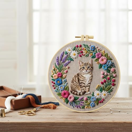 FRANDEK Cute Cat Stamped Embroidery Kit for Beginners Adults, DIY Needlework with Bamboo Hoop Pre-Printed Cotton Fabric, Complete Craft Gift for Women Home Decor