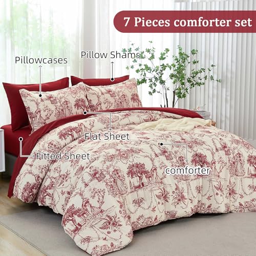 Xruibed Red Comforter Set King 7 Piece Bed in a Bag Toile de Jouy Botanical Comforter with Sheet Set Soft Micorfiber Bedding Set (1 Comforter,2 Pillow Shams,1 Flat Sheet,1 Fitted Sheet,2 Pillowcases) Xruibed