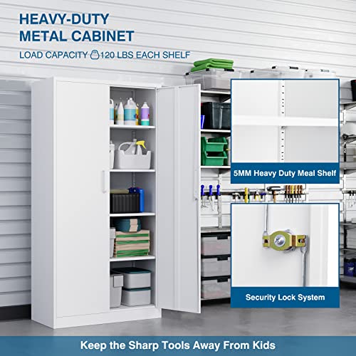 PEUKC Metal Garage Storage Cabinet, 71-inch Tall Storage Cabinet with Adjustable Shelves & Locking Doors, Tool Cabinets for Garage,Office,Home,School,Gym Storage (White) PEUKC