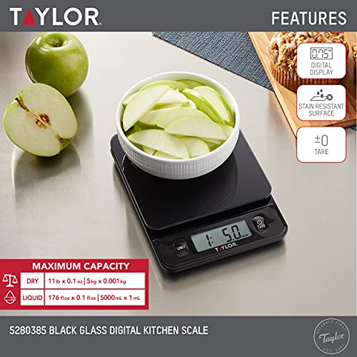 Taylor Glass Top Food Scale with Touch Controls, 11 lb Capacity, Sleek Black Design for Precision Food Measurement in Grams and Ounces Taylor