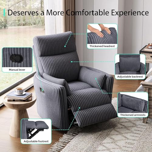 LINSY 360 Swivel Recliner Chair, Nursery Glider Rocking Chair with 2 Pillows, Corduroy Nursing Chair Comfy High Back Adult Rocker Recliner for Small Spaces, Nursery Bedroom Living Room (Gray)