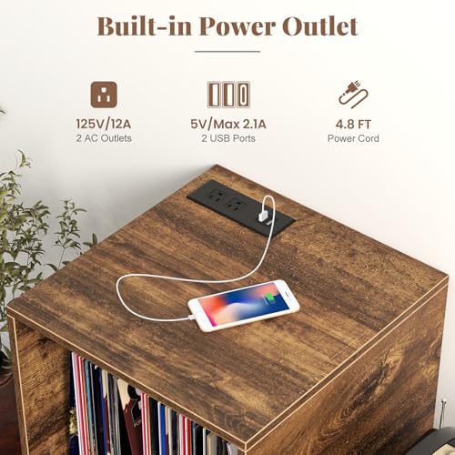 Giantex Record Player Stand with Charging Station, Turntable Stand with Vinyl Divider & Display Shelf, Mid-century Modern End Table Holds Up to 150 Albums, Vinyl Record Storage Cabinet for Living Room Giantex