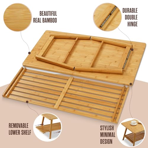 Houseables Folding Floor Table, Bamboo Coffee Table, Floor Desk, 15”H x 39”L x 20”W Living Room Coffee Table, Low Coffee Table, Japanese Floor Table, Low Table for Sitting on The Floor, Light Wood Houseables