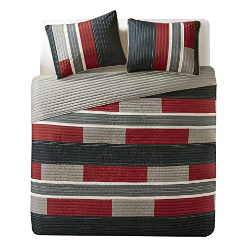 Comfort Spaces Quilt Set Trendy Casual Fun, Vibrant Color Design, Hypoallergenic All Season, Lightweight Coverlet Bedspread Cozy Kids Bedding & Sham Twin/Twin XL Pierre Black/Red Stripe 2 Piece Comfort Spaces