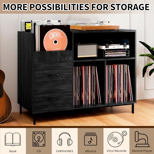 BIZOEIRON Record Player Stand with Flip-Top & Drawers, Vinyl Storage Cabinet with Outlet, Wood Media Console Table for Vinyl Records Storage, Assembly Required, Black BIZOEIRON