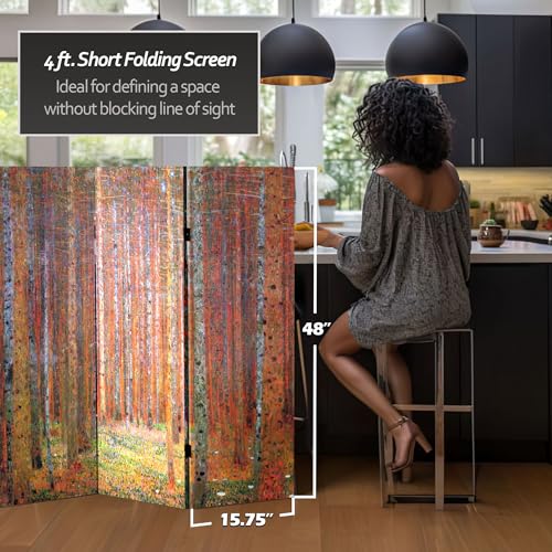 Red Lantern Double Sided Works of Klimt Room Divider - Tannenwald/Farm Garden, 4 Foot - 3 Panel Red Lantern