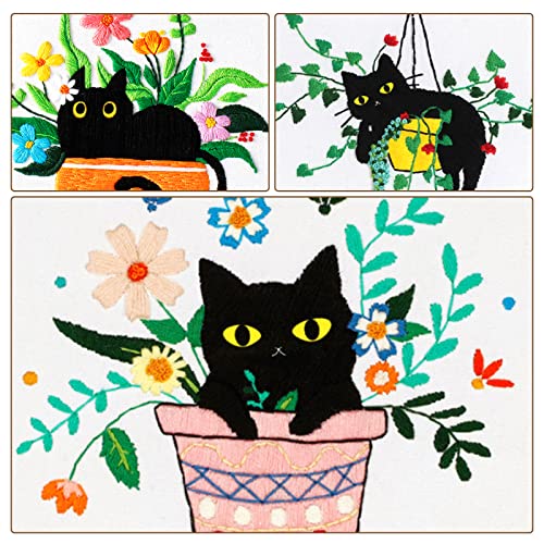 Nuberlic 3 Sets Cute Cat Embroidery Kit for Adults Beginners, Stamped Cross Stitch Starter Kits Include Needlepoint Cloth Hoops Needles Threads and Instruction