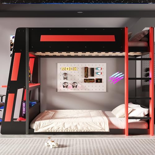 Polibi Full Over Full Bunk Bed with Built-in Desk, 2 Storage Shelves, USB & LED Lights, Solid Wood Frame, Gaming Loft Bed, Black+Red Polibi