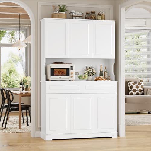 FACBOTALL 74" Pantry Cabinet, Tall Kitchen Pantry Cabinet with 6 Doors and 2 Drawers, Kitchen Hutch with Wide Countertop, Modern Kitchens Cupboard with Adjustable Shelves and Charge Holes, White FACBOTALL