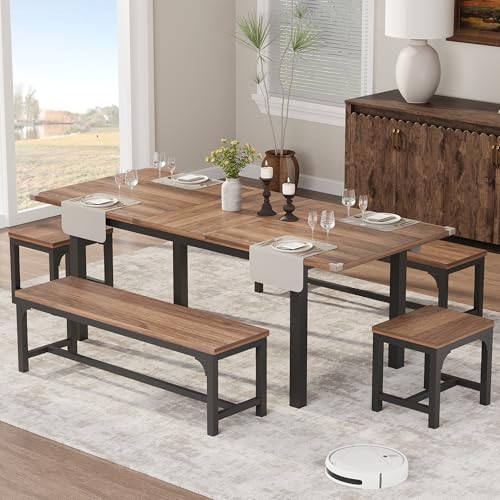 Garvee 47.3"-63" Extendable Dining Table for 4-8, Rectangular Wood Kitchen Table with Strong Metal Frame, Industrial Long Dining Room Table with 2 Benches and 2 Stools for Kitchen Living Room Home Garvee