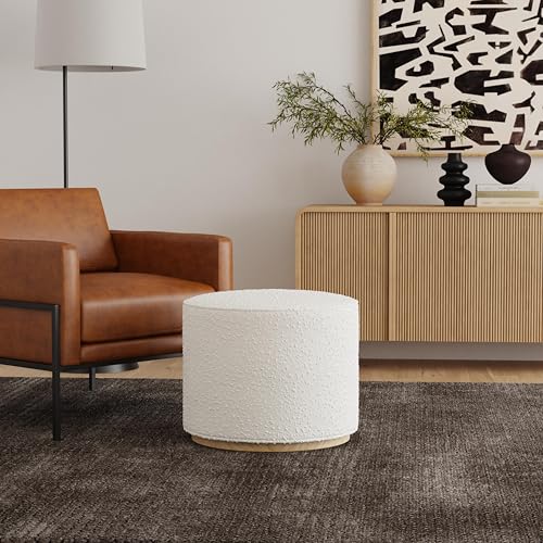 Spatial Order Bouclé Ottoman with Wooden Base – 22” Round Upholstered Footrest, Cream Textural Fabric, Modern Accent Stool for Living Room & Bedroom Spatial Order