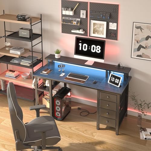 Lufeiya Black Gaming Desk with LED Lights and Power Outlets, 47 inch Computer Desk with Fabric Drawers and Storage Shelves, Home Office Desk with Monitor Stand, Black Lufeiya