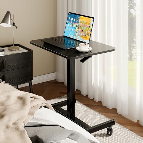 BONTEC Mobile Standing Desk Adjustable Height, Rolling Laptop Cart with Hook, Portable Workstation with Pneumatic Lift, Ergonomic Table with Wheels, Compact Home Office Desk, Black, 25.6" x 18.9" BONTEC
