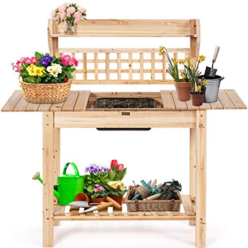 Giantex Garden Potting Bench, Outdoor Wood Work Table w/Sliding Tabletop, Planter Bench Work Station w/Removable Sink & Storage Shelves for Backyard Patio Balcony, Natural Giantex