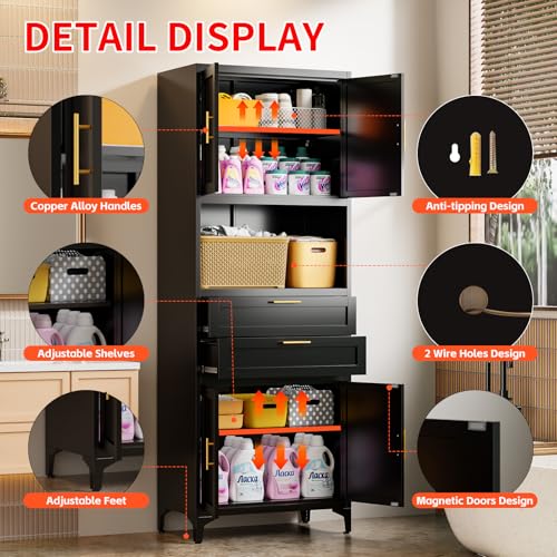FogQueen 75" Tall Metal Storage Cabinet,Pantry Storage Cabinet with 2 Drawers and Open Space,Kitchen Cupboard with Adjustable Shelves,Multi-Functional Cabinet for Living Room,Bathroom,Garage (Black) FogQueen