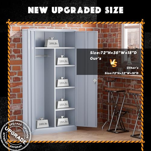 Greenvelly Metal Wardrobe Closet with Doors and Hanging Rod, 72” Lockable Steel Storage Wardrobe Bedroom Storage Cabinet, Clothes Closet for Home, Office and Bedroom, School,Gym(Dark Gray) Greenvelly