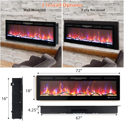 72 in Electric Fireplace, Recessed/Wall Mounted Linear Fireplace with WiFi & Remote Control, Multicolor Flame Effect, 750W/1500W Heating, Includes Log & Crystal Decor, Black Garvee