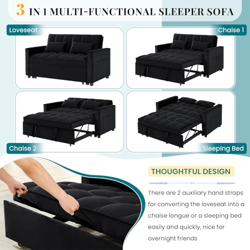 Antetek 3 in 1 Convertible Sleeper Sofa Bed, Modern Velvet Loveseat Futon Couch w/Pullout Bed, Small Love Seat Lounge Sofa w/Reclining Backrest, Toss Pillows, Pockets, Furniture for Living Room, Black Antetek