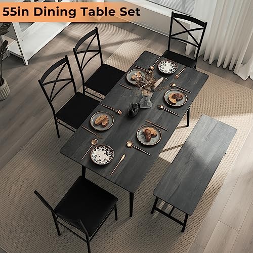 VINGLI 55in Modern Dining Table Set for 6, Rectangular Kitchen Dining Table, Bench, 6 Piece Wooden Dinner Table Set with Upholstered Chairs for Kitchen, Dining Room, Apartment - Dark Grey VINGLI