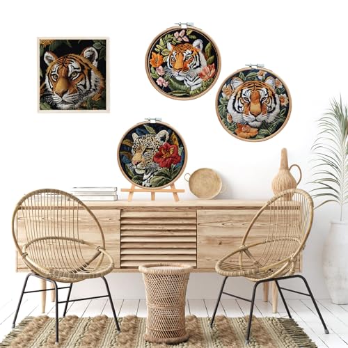 LB 4 Pack Wildlife Animal Leopard Embroidery Kit for Beginners Green Leaf Beginner Embroidery Kit for Adults DIY Starter Kit with Embroidery Hoop Colorful Threads Tools Step by Step Instructions