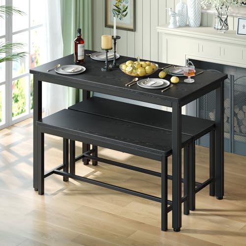 Tatub Dining Table Set for 4, 3-Piece Kitchen Table with 2 Benches, Space-Saving Dining Room Set for Breakfast Nook and Small Spaces, Black Tatub