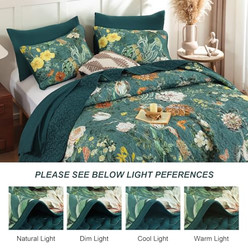 Anibedding Floral Quilt Set Queen Size, 3Pieces Green Microfiber Lightweight Besspread for Bedroom Living Room All Season Use Anibedding