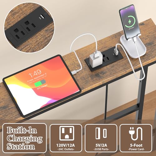 SANXUO 102 Inch Extra-Long Narrow Console Table with Charging Station (2 Outlets + USB-C), Sofa Table,Behind Couch Table with 3-Tier Storage Shelves for Entryway & Small Spaces (Rustic Brown) SANXUO