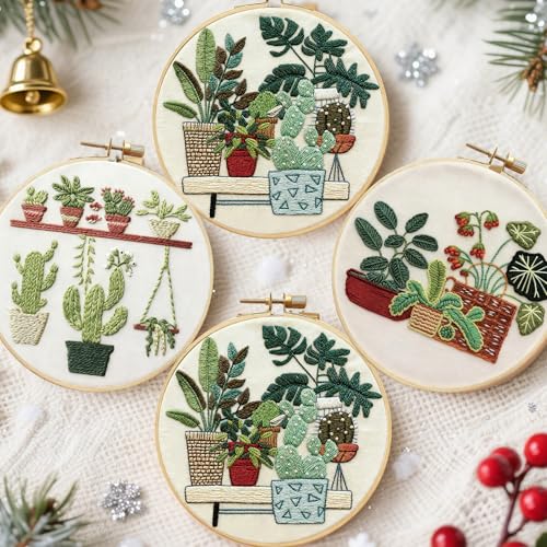 FREEBLOSS 5 Pack Embroidery Kit for Beginners Tropical Potted Plants Stamped Embroidery Starter Kit with Instruction Cross Stitch Needlepoint Kits for Crafts Adults with 2 Hoops 20cm/7.9inch