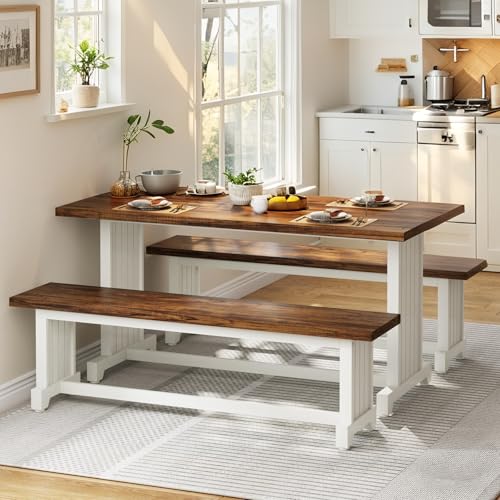 Tribesigns 47-Inch Small Dining Table Set for 2, 3-Piece Kitchen Table with 2 Benches, Farmhouse Wood Dinner Furniture for Narrow Space, Apartment, White & Rustic Brown Tribesigns
