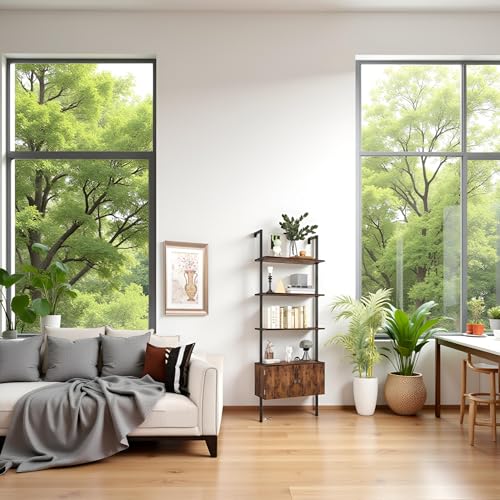 CAMOAT 70" Tall Bookshelf with Cabinet,Wall Mounted Bookcase with Shelves & Storage,Blanket Ladder&Bathroom Wall Shelf,Open Industrial Shelf,4-Tier Display Rack for Living Room,Bedroom,Home Office CAMOAT