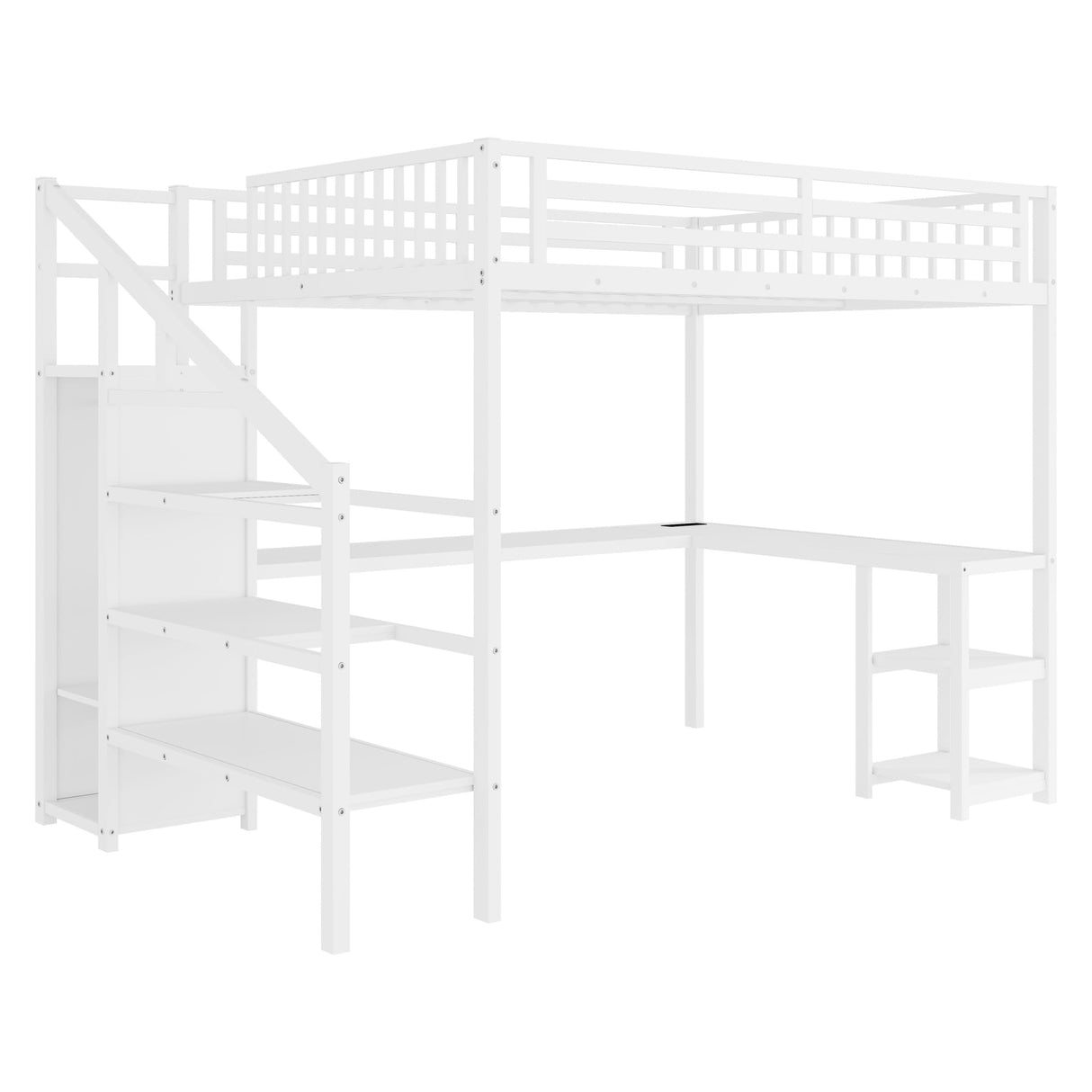Queen Size Loft Bed with Desk and Stairs, Gaming Loft Bed with RGB LED Light and Storage, Heavy-Duty Metal Loft Beds Frame with Wardrobe, Shelves and Charging Station for Adults Kids Teens, White Mirightone
