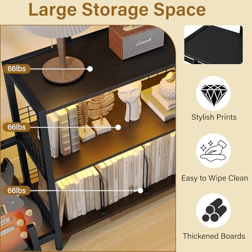 kepptory Tall Record Player Stand with LED Lights, Display Shelf Bookshelf with Guitar Stand, Floor Lamp with Shelves, Vinyl Holder and Adjustable Stand, for Living Room Bedroom(Black) kepptory