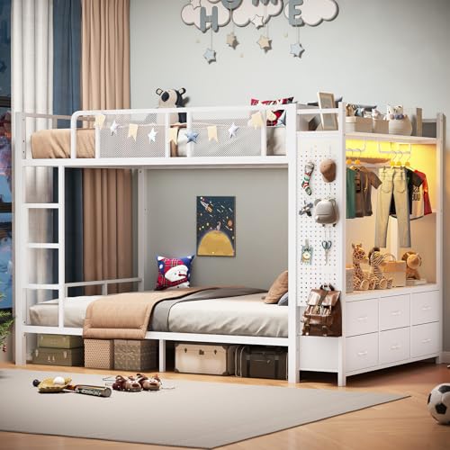 Itaar Metal Bunk Bed Full Over Full with Hall Tree, Power Outlet, LED Bunk Bed with 6 Storage Drawers, Bed with 13‘’ Safety Guardrail & Ladders for Kids and Teen, 400lb Weight Capacity, White Itaar