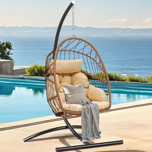 DWVO Egg Chair with Stand, Hanging Outdoor Rattan Wicker Patio Hammock Indoor Egg Chair with Cushion, Hanging Swing Chair 300lbs for Porch, Garden, Bedroom, Balcony, Beige DWVO