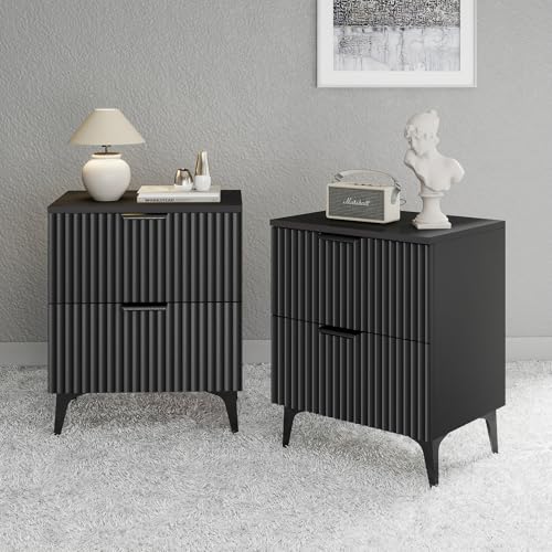 GRAINLLE Wood Night Stand Set 2 Fluted Dresser for Bedroom 2 Drawers End Tables Nightstands Set of 2, Storage Modern Bedside Table Set of 2, Black Nightstand GRAINLLE
